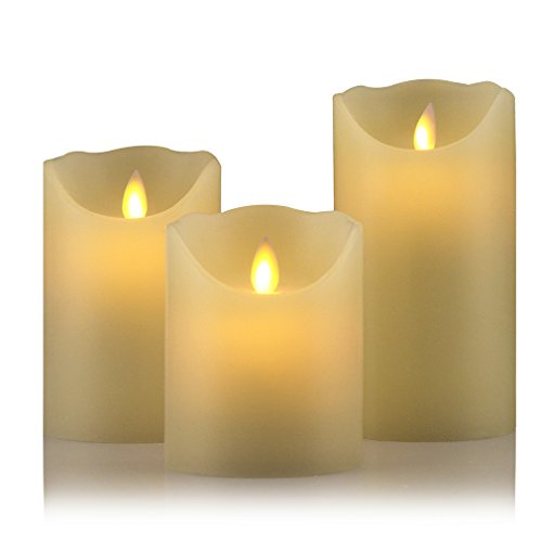 0602105350037 - SET OF 3 BATTERY OPERATED FLAMELESS CANDLES DIA.3.25(H4 H5 H6) REAL WAX PILLARS WITH REALISTIC DANCING LED FLAMES AND 10-KEY REMOTE CONTROL & 24H TIMER FUNCTION