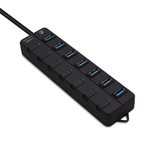0602401953789 - 7-PORT USB HUB, IXCC SUPERSPEED USB 3.0 25W EXTENSION HUB WITH INDIVIDUAL ON/OFF PORT SWITCHES AND POWER ADAPTER - BLACK