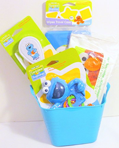 0602589674209 - BUNDLE - 5 ITEMS: SESAME STREET SESAME BEGINNINGS BABY TODDLER ACCESSORIES GIFT SET WITH WATER-FILLED TEETHER, HAIR BRUSH AND COMB, WIPES TRAVEL CASE, CUSHIONY THICK WIPES WITH A MINI TUB (TURQUOISE)