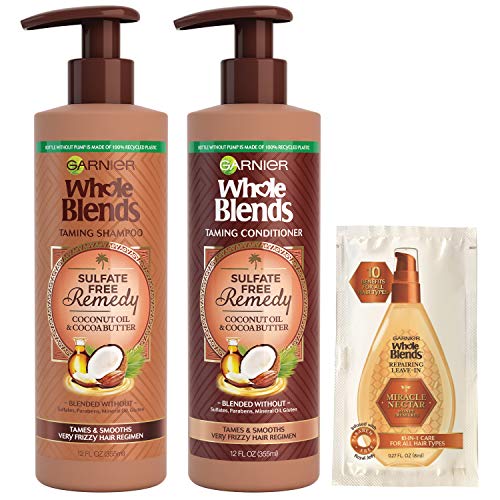 0603084068692 - GARNIER HAIRCARE WHOLE BLENDS SULFATE FREE REMEDY COCONUT OIL AND COCOA BUTTER TAMING SHAMPOO AND CONDITIONER, TAMES AND SMOOTHS VERY FRIZZY HAIR, 12 FL OZ EA, WITH MASK SAMPLE (PACKAGE MAY VARY)1 KIT