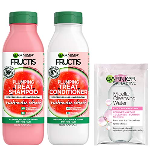 0603084068708 - GARNIER FRUCTIS PLUMPING TREAT SHAMPOO AND CONDITIONER, 98 PERCENT NATURALLY DERIVED INGREDIENTS, WATERMELON, PLUMP FLAT HAIR, 11.8 OZ EA, W/MICELLAR SAMPLE (PACKAGING MAY VARY)