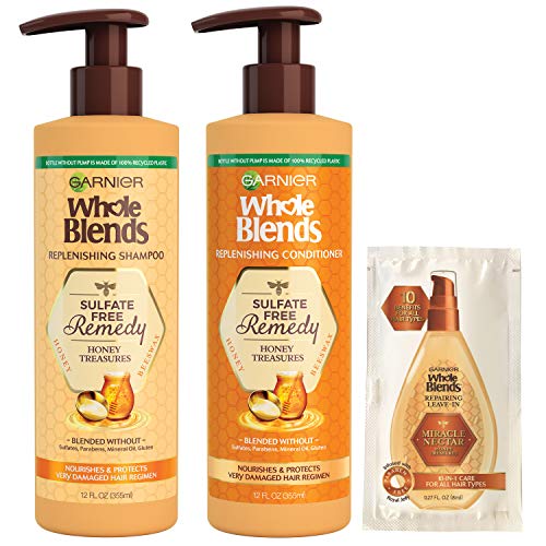 0603084068715 - GARNIER HAIRCARE WHOLE BLENDS SULFATE FREE REMEDY HONEY TREASURES REPLENISHING SHAMPOO AND CONDITIONER, NOURISHES AND PROTECTS VERY DAMAGED HAIR, 12 FL OZ EA, WITH MASK SAMPLE (PACKAGE MAY VARY),1 KIT