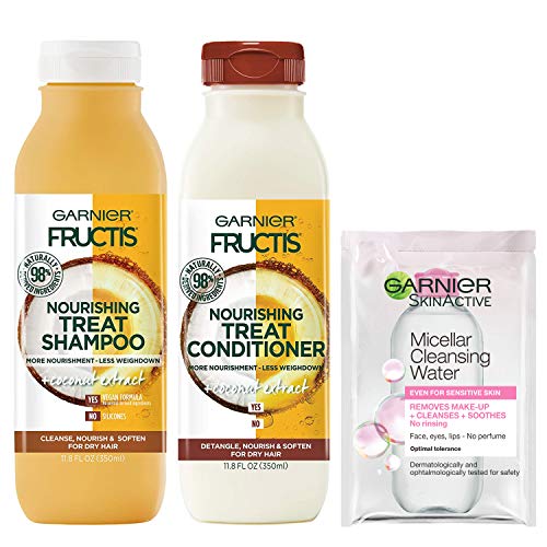 0603084069613 - GARNIER HAIRCARE FRUCTIS NOURISHING TREAT SHAMPOO AND CONDITIONER, 98 PERCENT NATURALLY DERIVED INGREDIENTS, COCONUT, NOURISH DRY HAIR, 11.8 OZ EA, W/MICELLAR SAMPLE (PACKAGING MAY VARY)
