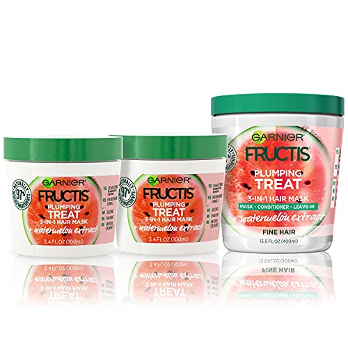0603084075102 - GARNIER FRUCTIS PLUMPING HAIR TREATS 3-IN-1 MASK WITH WATERMELON EXTRACT, 3 PIECE BUNDLE, 1 400ML MASK + 2 100ML MASKS, 1 KIT