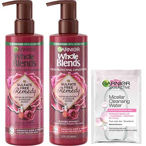 0603084077014 - GARNIER WHOLE BLENDS SULFATE FREE REMEDY SHAMPOO AND CONDITIONER WITH RED ROSE EXTRACT AND VINEGAR, ENHANCES SHINE AND PRESERVES COLOR-TREATED HAIR, WITH MICELLAR CLEANSING WATER SAMPLE, 1 KIT