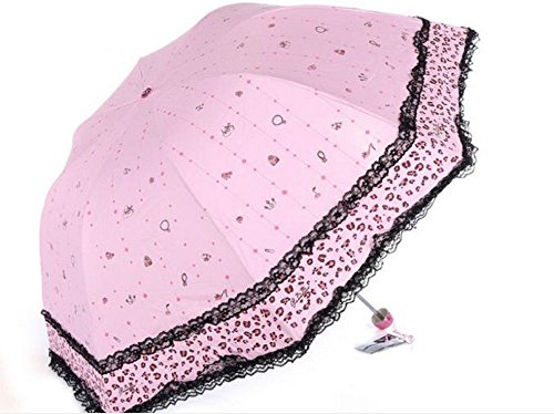 0603097166545 - DOUBLE-SIDED EMBROIDERY WAVE EDGE ANTI-UV SUN UMBRELLA TRIPLE FOLDING UV PROTECTED PARASOL TRAVEL UMBRELLA COMPACT WINDPROOF RAINSTOPPERS SUNNY UMBRELLA FLOWER DESIGN LACE PATTERN PINK