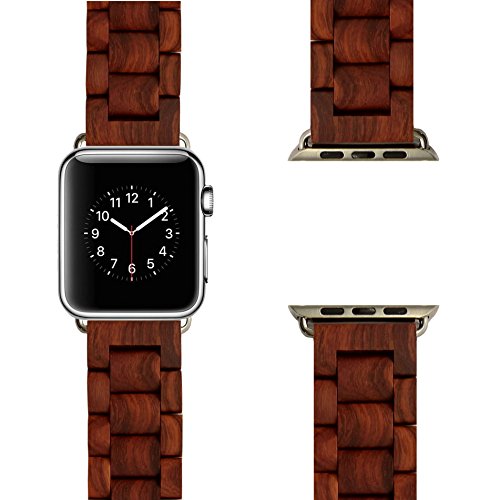 0603097431636 - APPLE WATCH BAND,DIKOO NATURAL WOOD REPLACEMENT WATCH STRAP STAINLESS STEEL BUTTERFLY CLASP WITH ADJUSTABLE LINKS FOR APPLE WATCH (RED EBONY 42MM)