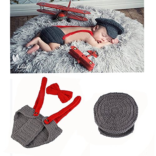 0603338254666 - NEWBORN BABY BOY COSTUME CROCHET OUTFITS PHOTOGRAPHY PROPS CAP BEANIE WITH SUSPENDERS BOWTIE DIAPER (0- 4MONTHS)