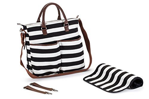 0603658999759 - CLASSIC STRIPED BLACK AND WHITE COTTON DIAPER BAG INCLUDING CHANGING PAD BY WASSERSTEIN