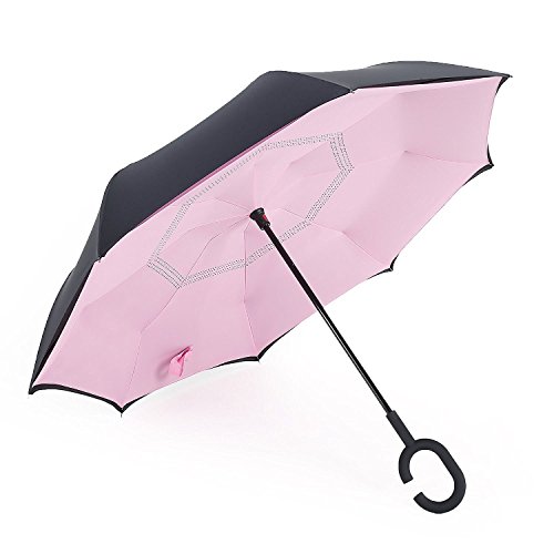 0603717591252 - ROSEDOUBLE LAYER INVERTED UMBRELLA CARS REVERSE UMBRELLA, ELOVER WINDPROOF UV PROTECTION BIG STRAIGHT UMBRELLA FOR CAR RAIN OUTDOOR WITH C-SHAPED HANDLE AND CARRYING BAG (PINK)