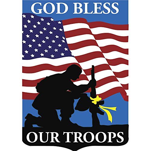0603799101929 - PATRIOTIC GOD BLESS OUR TROOPS SOLDIER SILHOUETTE 18 X 13 SHIELD SHAPE SMALL GARDEN FLAG