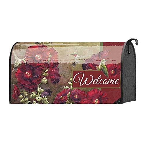 0603799205788 - WELCOME FRIENDS HOLLYHOCKS AND HUMMINGBIRDS 22 X 18 STANDARD SIZE MAILBOX COVER