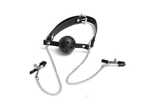 0603803822260 - BALL GAG AND CHAINED NIPPLE CLAMPS WITH ADJUSTABLE PRESSURE (STYLE2 BLACK)