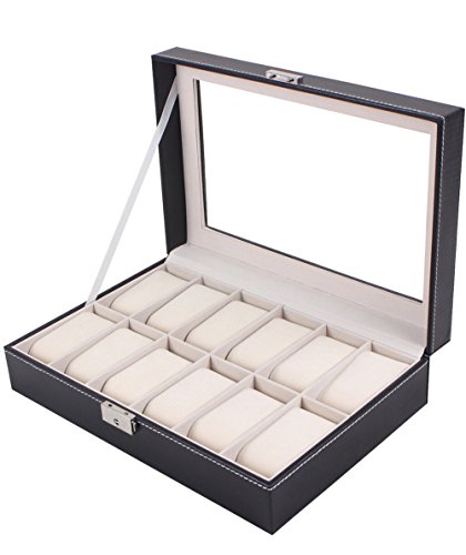 6041410031134 - WATCH BOX LARGE 12 MENS BLACK LEATHER DISPLAY GLASS TOP JEWELRY CASE ORGANIZER