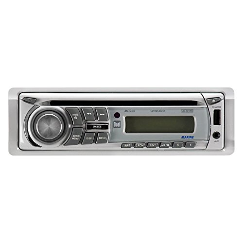 0604697445580 - DUAL MD200 SINGLE DIN IN-DASH MARINE BOAT YACHT 100-WATT SILVER AM/FM RADIO CD PLAYER STEREO RECEIVER WITH FRONT PANEL AUX INPUT, USB CHARGING PORT - WHITE DISPLAY, BLUE BUTTON COLOR