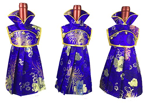 0604753383764 - HANDMADE RUSTIC WINE BOTTLE DECORATIONS COVER, ANCIENT ASIA COSTUME STYLE,SET OF 3,WINE GIFTS,VINTAGE WINE ART, WINE HOME DECOR,WINE KITCHEN DECOR (BLUE)