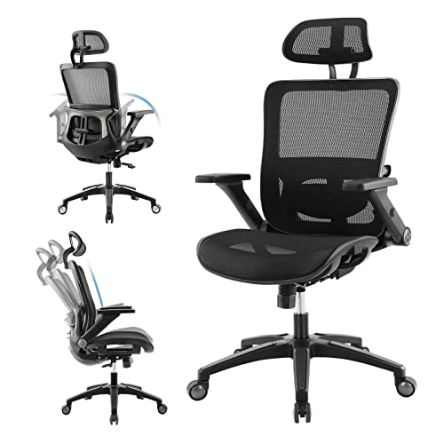 0605129072268 - ERGONOMIC MESH OFFICE CHAIR, HIGH BACK COMPUTER EXECUTIVE HOME DESK CHAIR WITH HEADREST AND 4D FLIP-UP ARMRESTS, ADJUSTABLE TILT LOCK AND LUMBAR SUPPORT-BLACK