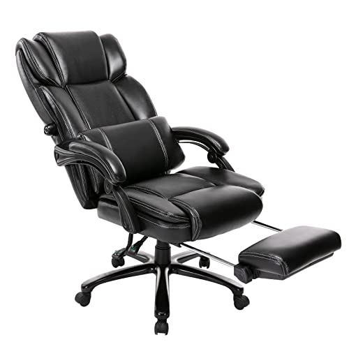 0605129073241 - RECLINING OFFICE CHAIR WITH FOOTREST 350LBS, BIG AND TALL HOME DESK EXECUTIVE COMPUTER CHAIR WITH PADDED ARMS ADJUSTABLE TILT LOCK AND LUMBAR SUPPORT,HIGH-BACK PU LEATHER CHAIR-BLACK