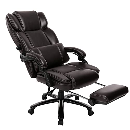 0605129073258 - RECLINING OFFICE CHAIR WITH FOOTREST 350LBS, BIG AND TALL HOME DESK EXECUTIVE COMPUTER CHAIR WITH PADDED ARMS ADJUSTABLE TILT LOCK AND LUMBAR SUPPORT,HIGH-BACK PU LEATHER CHAIR-BROWN
