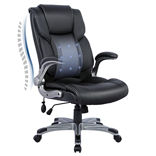 0605129073340 - LEATHER EXECUTIVE OFFICE CHAIR- ERGONOMIC HIGH BACK HOME COMPUTER DESK CHAIR WITH PADDED FLIP-UP ARMS, ADJUSTABLE TILT LOCK, SWIVEL ROLLING CHAIR FOR ADULT WORKING STUDY-BLACK