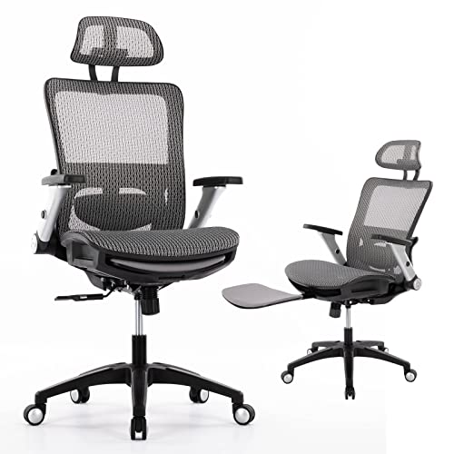 0605129074309 - ERGONOMIC MESH OFFICE CHAIR WITH FOOTREST, HIGH BACK COMPUTER EXECUTIVE DESK CHAIR WITH HEADREST AND 4D FLIP-UP ARMRESTS, ADJUSTABLE TILT LOCK AND LUMBAR SUPPORT-GREY