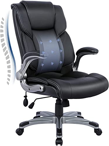 0605129074743 - HIGH BACK EXECUTIVE OFFICE CHAIR- ERGONOMIC HOME COMPUTER DESK LEATHER CHAIR WITH PADDED FLIP-UP ARMS, ADJUSTABLE TILT LOCK, SWIVEL ROLLING CHAIR FOR ADULT WORKING STUDY-BLACK