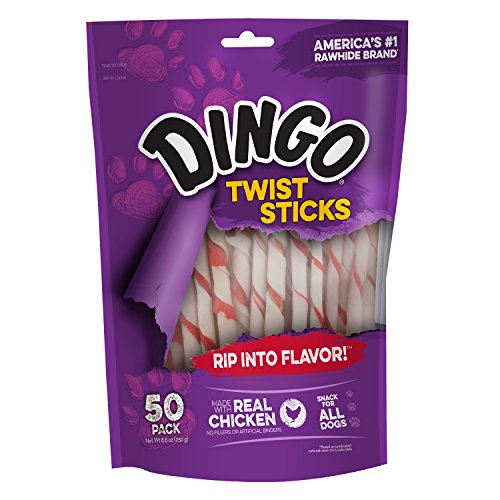 0605283555591 - DINGO TWIST STICKS 50 COUNT, RAWHIDE FOR DOGS, MADE WITH REAL CHICKEN