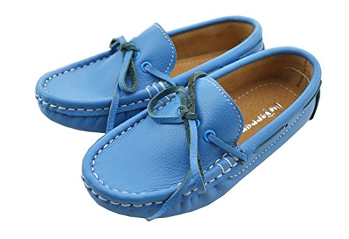 6053294652138 - TDA BOY'S GIRL'S FASHION BREATHABLE PURE COLOUR SWEET BOWKNOT SLIP ON BLUE LEATHER LOAFERS 11.5 M US