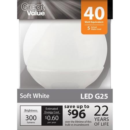 0605388068873 - GREAT VALUE LED SOFT WHITE GLOBE DIMMABLE LIGHT BULB, LED G25