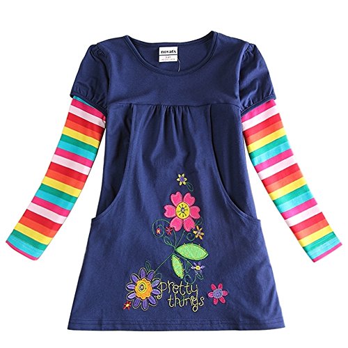 0605757538617 - NEAT GIRLS EMBROIDERY COTTON LONG SLEEVE FLOWER DRESSES NAVY H5802 4-5 YEARS