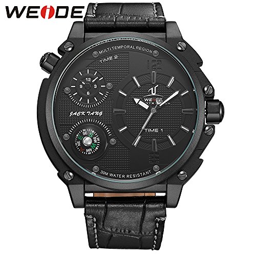 0606089771666 - WEIDE MEN'S COMPASS DUAL TIME ZONES QUARTZ STAINLESS STEEL LEATHER BAND WATERPROOF SPORT WRIST WATCH