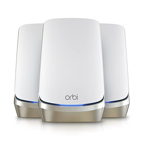 0606449158038 - NETGEAR ORBI QUAD-BAND WIFI 6E MESH SYSTEM (RBKE963) – ROUTER WITH 2 SATELLITE EXTENDERS | COVERAGE UP TO 9,000 SQ. FT, 200 DEVICES | AXE11000 (UP TO 10.8GBPS)