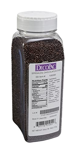 0607772210516 - DECOPAC CHOCOLATE BROWN SPRINKLES JIMMIES IN RESEALABLE CONTAINER FOR DECORATING CAKES, CUPCAKES, DONUTS, COOKIES - 26 OZ