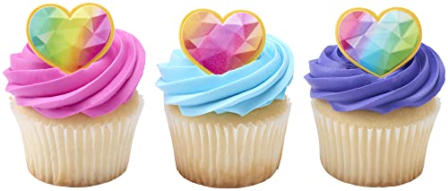 0607772283800 - DECOPAC RAINBOW PRISM HEART CUPCAKE RINGS, CAKE TOPPERS, MULTICOLORED FOOD SAFE DECORATIONS FOR PARTIES– 24 PACK