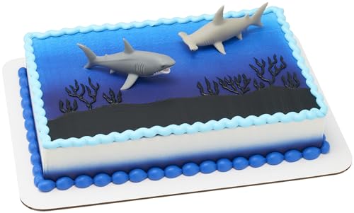0607772293205 - DECOSET® SHARK ATTACK CAKE TOPPER, 2 PIECE CAKE DECORATION WITH GREAT WHITE SHARK AND HAMMERHEAD SHARK FIGURINES, FOOD SAFE & READY TO USE