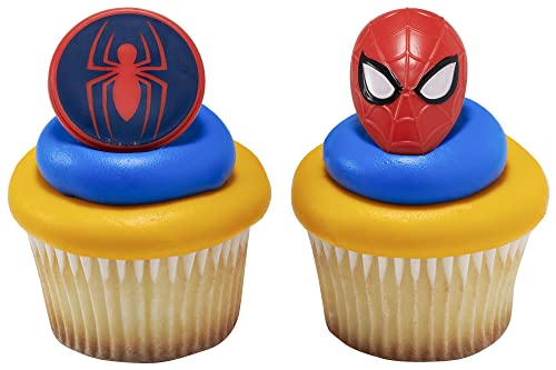 0607772476271 - DECOPAC MARVELS SPIDER-MAN™ SPIDER AND MASK RINGS, SPIDER-MAN CUPCAKE DECORATIONS, RED AND BLUE FOOD SAFE CAKE TOPPERS – 24 PACK