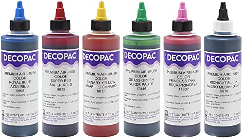 0607772521445 - DECOPAC PREMIUM AIRBRUSH COLOR MULTIPACK, SUPER RED, ROYAL BLUE, CANARY YELLOW, GRASS GREEN, PRINCESS PINK AND MIDNIGHT BLACK - 8 OZ EACH (PACK OF 6, 48OZ)
