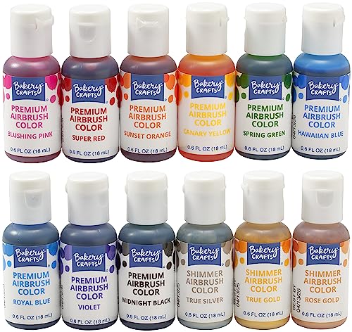 0607772522145 - BAKERY CRAFTS PREMIUM AIRBRUSH FOOD COLORING, 12 BOTTLE SET, 7.2 FL OZ, EDIBLE PAINT FOR USE WITH ALL AIRBRUSH KITS - CAKE DECORATING, FOOD PAINTING, FROSTING, RED, PINK, YELLOW, GREEN, BLUE, BLACK, GOLD, SILVER, ROSE GOLD, SHIMMER - 12 X 0.6FL OZ