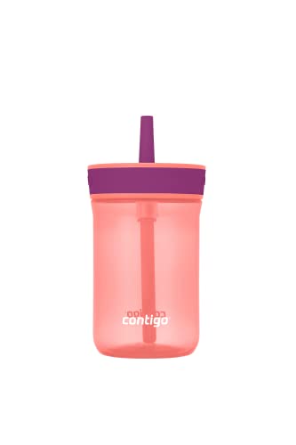 0607869305323 - CONTIGO LEIGHTON KIDS PLASTIC WATER BOTTLE, 14OZ SPILL-PROOF TUMBLER WITH STRAW FOR KIDS, DISHWASHER SAFE, CORAL/GRAPE