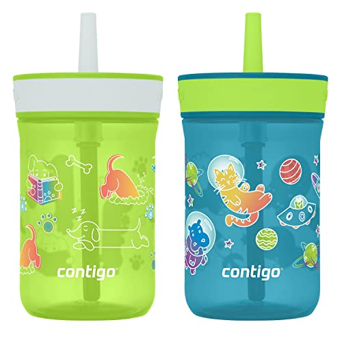 0607869307952 - CONTIGO LEIGHTON KIDS PLASTIC WATER BOTTLE, SPILL-PROOF TUMBLER WITH STRAW FOR KIDS, DISHWASHER SAFE, 14OZ 2-PACK, LIME/DOGS & JUNIPER/SPACE