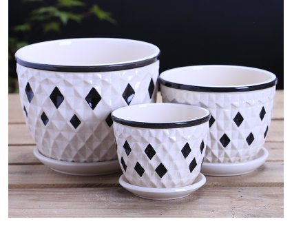 6083351294391 - CERAMIC HOME/ GARDEN MODERN FLOWER PLANTER POT WITH SAUCER TRAY, BLACK AND WHITE COLOR, SET OF 3