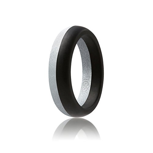 0608442449243 - SOL RINGS - SILICONE RUBBER WEDDING RING FOR WOMEN - BLACK WITH METALIC SILVER, SIZE 6