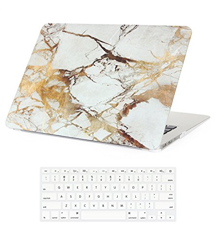 0608506773123 - FOLIO CASES FOR MACBOOK AIR 11 MARBLE WHITE & GOLD, SNAP ON PLASTIC MACBOOK AIR CASE 11 INCH & KEYBOARD SKIN FOR MODEL A1465/A1370