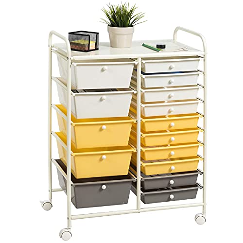0608564963061 - 15 DRAWER ROLLING STORAGE CART, MOBILE UTILITY CART WITH LOCKABLE WHEELS, DRAWERS, MULTIPURPOSE ORGANIZER CART FOR HOME, OFFICE, SCHOOL
