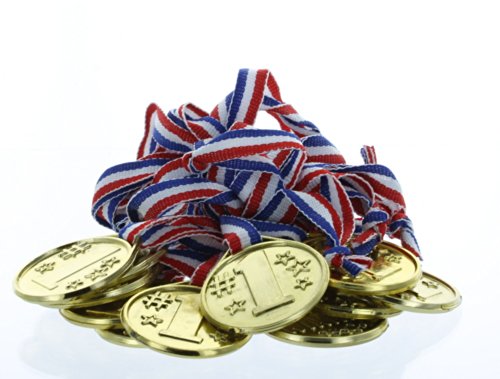 0608641887426 - LOT OF 24 PLASTIC 1ST PLACE GOLD WINNER MEDALS AWARD RIBBONS PARTY FAVORS