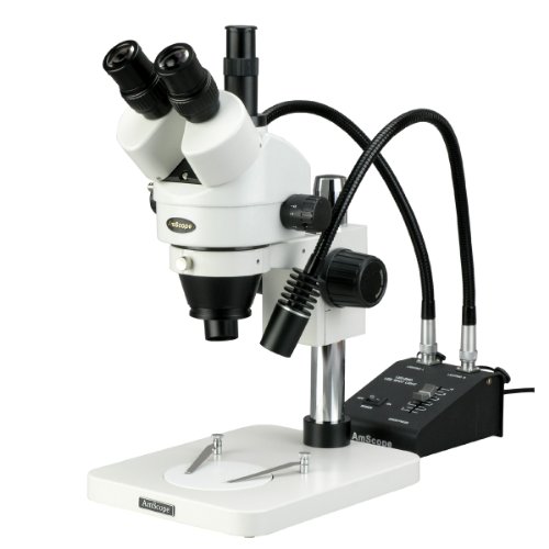 0608729743873 - AMSCOPE SM-1TSY-L6W PROFESSIONAL TRINOCULAR STEREO ZOOM MICROSCOPE, WH10X EYEPIECES, 7X-90X MAGNIFICATION, 0.7X-4.5X ZOOM OBJECTIVE, 6W DUAL-GOOSENECK LED LIGHT, PILLAR STAND, 85V-265V, INCLUDES 2.0X BARLOW LENS