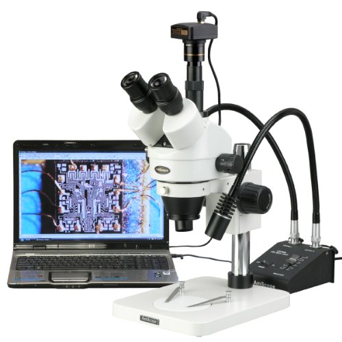 0608729744436 - AMSCOPE SM-1TS-L6W-3M DIGITAL PROFESSIONAL TRINOCULAR STEREO ZOOM MICROSCOPE, WH10X EYEPIECES, 7X-45X MAGNIFICATION, 0.7X-4.5X ZOOM OBJECTIVE, 6W DUAL-GOOSENECK LED LIGHT, PILLAR STAND, 85V-265V, INCLUDES 3MP CAMERA WITH REDUCTION LENS AND SOFTWARE