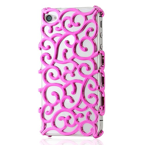 0609408135958 - CHROME ELECTROPLATING HOLLOW PATTERN PC HARD BACK CASE COVER FOR IPHONE 4G 4S, LUXURY HOT PINK