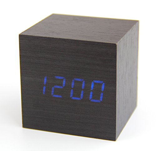 6095359619922 - LATEST DESIGN FASHION BLACK WOOD CUBE MINI BLUE LED WOODEN DIGITAL ALARM CLOCK -TIME TEMPERATURE DATE DISPLAY - VOICE AND TOUCH ACTIVATED