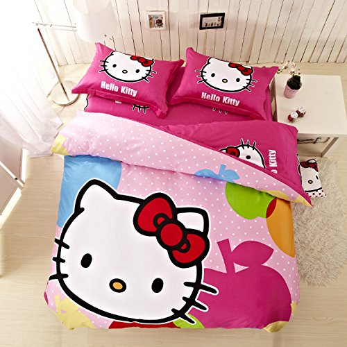 6100000800595 - D&G 100% COTTON 800T REACTIVE PRINTING 4-PIECE DUVET COVER SET WITH COMFORTER MFY4-005T TWIN SIZE WHITE HELLOW KITTY PATTERN PINK BACKGROUND CARTOON STYLE QUILT COVER WITH ZIPPER